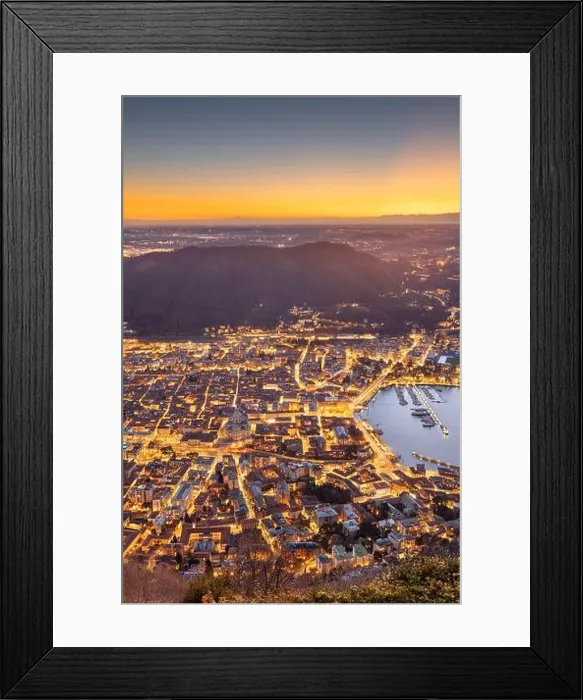 Framed Print : Como, Italy cityscape from above at dusk Framed Print : Como, Italy cityscape from above at dusk