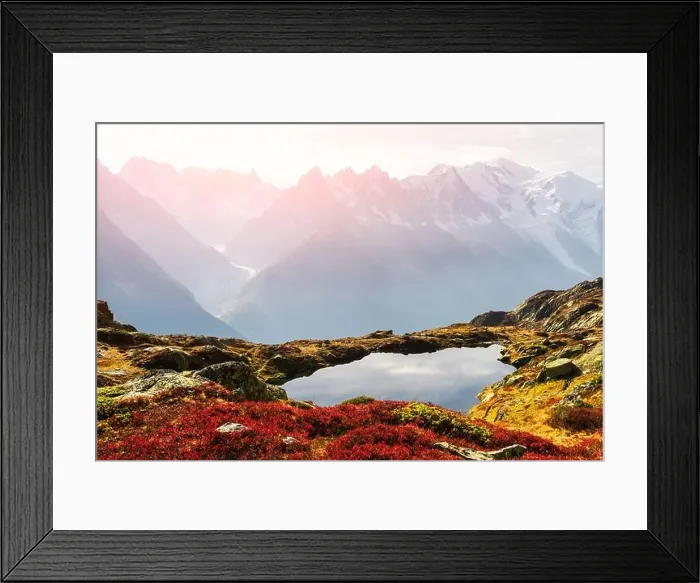 Framed Print : Colourful autumn landscape with Chesery lake (Lac De Cheserys) and snowy Monte Bianco mountains range on background