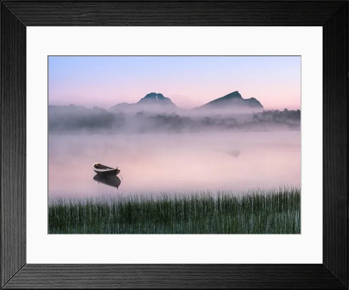 Framed Print : Very peaceful summer night with wooden boat and fog in Lofoten, Norway Framed Print : Very peaceful summer night with wooden boat and fog in Lofoten, Norway