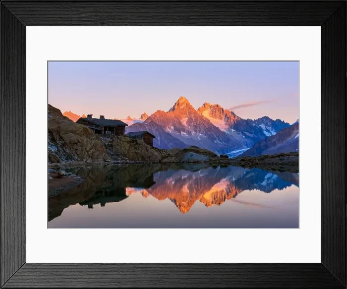 Framed Print : Colourful sunset on Lac Blanc lake in France Alps. Monte Bianco mountain range on background Framed Print : Colourful sunset on Lac Blanc lake in France Alps. Monte Bianco mountain range on background
