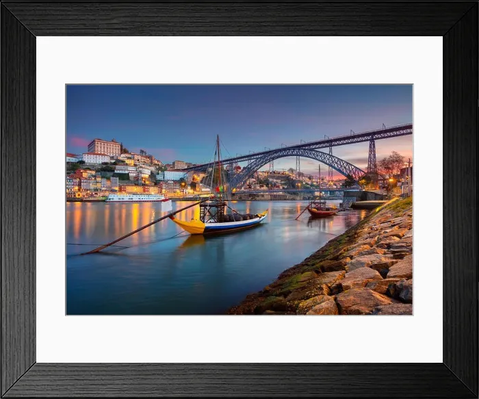 Framed Print : Porto, Portugal. Cityscape image of Porto, Portugal with reflection of the city in the Douro River and the Luis I Bridge during sunrise