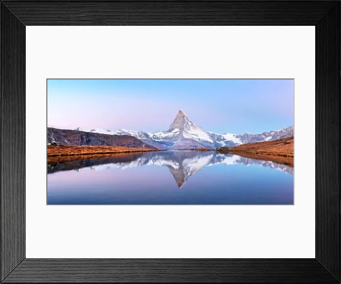 Framed Print : Picturesque landscape with colorful sunrise on Stellisee lake. Snowy Matterhorn Cervino peak with reflection in clear water. Zermatt, Swiss Alps Framed Print : Picturesque landscape with colorful sunrise on Stellisee lake. Snowy Matterhorn Cervino peak with reflection in clear water. Zermatt, Swiss Alps