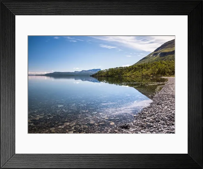 Framed Print : Scenic lake view with tranquil water at sunny summer day in Abisko, Sweden Framed Print : Scenic lake view with tranquil water at sunny summer day in Abisko, Sweden