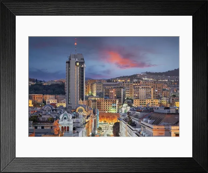 Framed Print : Genoa, Italy cityscape at dusk over Brigata Liguria Street Framed Print : Genoa, Italy cityscape at dusk over Brigata Liguria Street