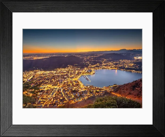 Framed Print : Como, Italy Cityscape from above at dusk Framed Print : Como, Italy Cityscape from above at dusk