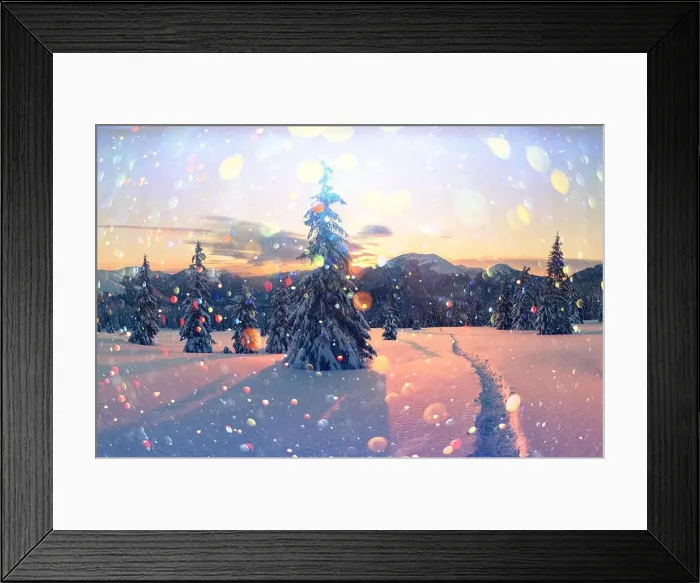 Framed Print : Fantastic orange winter landscape in snowy mountains glowing by sunlight. Dramatic wintry scene with snowy trees