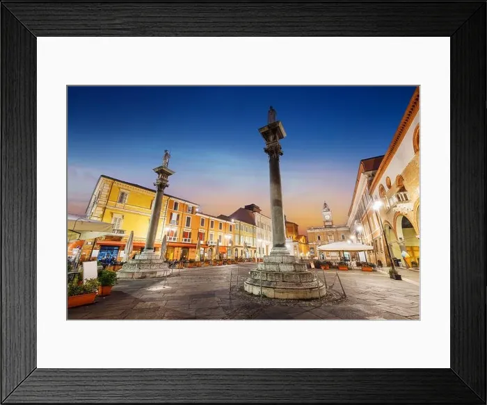 Framed Print : Ravenna, Italy at Piazza del Popolo and landmark towers at dusk