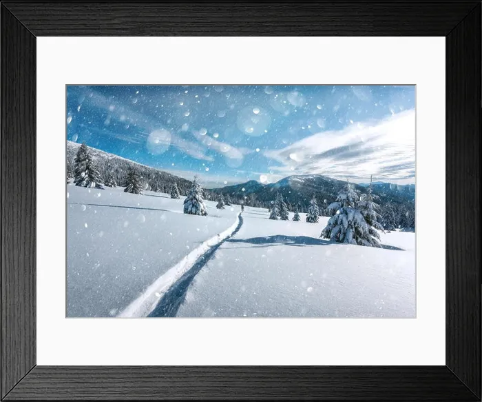Framed Print : Fantastic winter landscape with snowy trees in high mountains. DOF bokeh light postprocessing effect. Christmas holiday collage