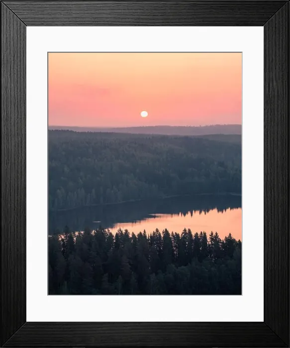 Framed Print : Scenic high angle landscape with sunrise, forest and lake at autumn morning in Finland Framed Print : Scenic high angle landscape with sunrise, forest and lake at autumn morning in Finland