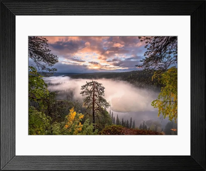 Framed Print : Scenic landscape view with morning fog and fall colors at moody day in Kuusamo, Finland Framed Print : Scenic landscape view with morning fog and fall colors at moody day in Kuusamo, Finland