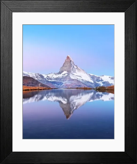 Framed Print : Picturesque landscape with colorful sunrise on Stellisee lake. Snowy Matterhorn Cervino peak with reflection in clear water. Zermatt, Swiss Alps Framed Print : Picturesque landscape with colorful sunrise on Stellisee lake. Snowy Matterhorn Cervino peak with reflection in clear water. Zermatt, Swiss Alps