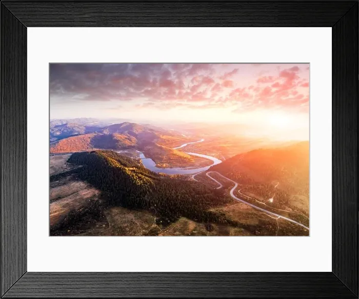 Framed Print : Aerial drone view over the autumn mountains with mountain road serpentine, river and forest. Landscape photography Framed Print : Aerial drone view over the autumn mountains with mountain road serpentine, river and forest. Landscape photography