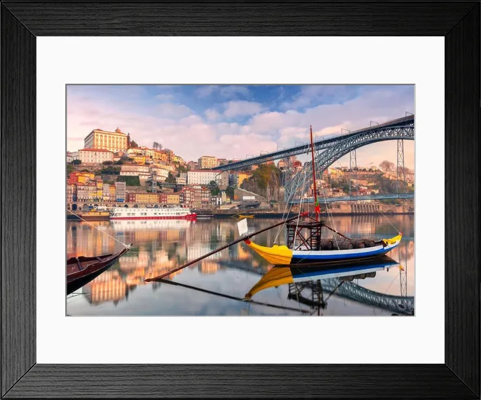 Framed Print : Porto, Portugal. Cityscape image of Porto, Portugal with reflection of the city in the Douro River during sunrise Framed Print : Porto, Portugal. Cityscape image of Porto, Portugal with reflection of the city in the Douro River during sunrise