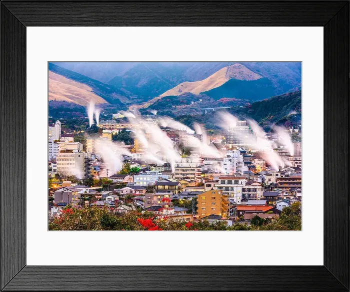 Framed Print : Beppu, Japan cityscape with hot spring bath houses with rising steam Framed Print : Beppu, Japan cityscape with hot spring bath houses with rising steam
