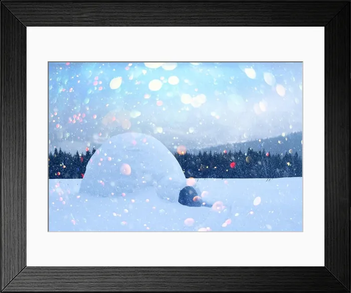 Framed Print : Real snow igloo house in the winter Carpathian mountains. Snow-covered firs on the background. Christmas holiday postcard collage
