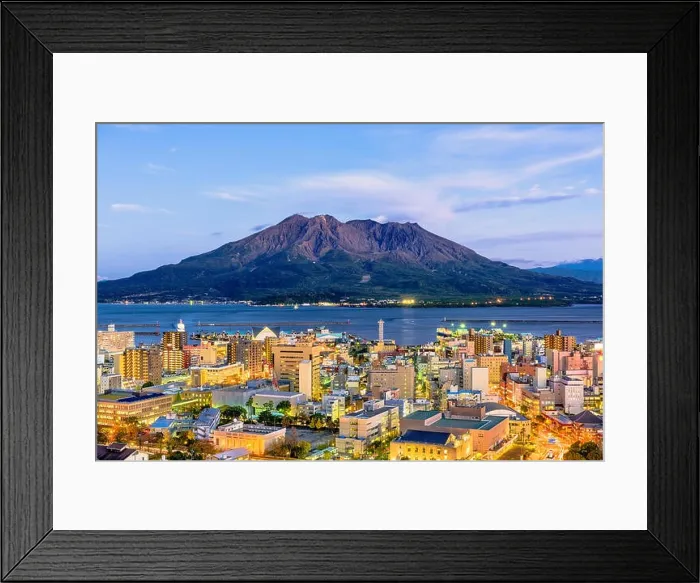 Framed Print : Kagoshima, Japan skyline with Sakurajima Volcano Framed Print : Kagoshima, Japan skyline with Sakurajima Volcano