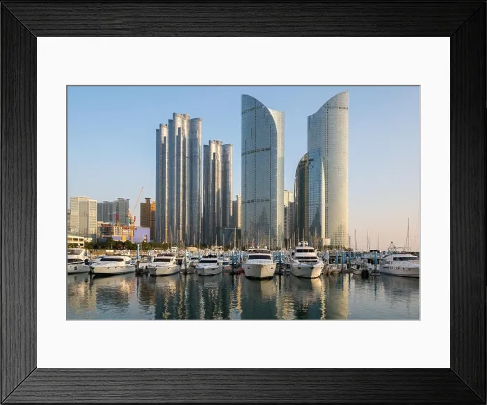 Framed Print : Busan city skyline view at Haeundae district, Gwangalli Beach with yacht pier at Busan, South Korea Framed Print : Busan city skyline view at Haeundae district, Gwangalli Beach with yacht pier at Busan, South Korea