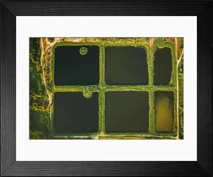 Framed Print : Aerial View Retention Basins, Wet Pond, Wet Detention Basin Or Stormwater Management Pond, Is An Artificial Pond With Vegetation Around The Perimeter