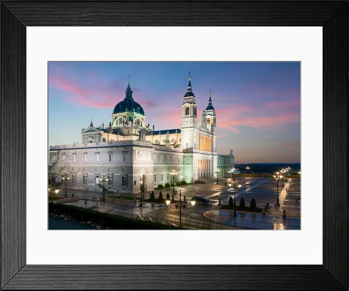 Framed Print : Madrid landmark at night. Landscape of Santa Maria la Real de La Almudena Cathedral and the Royal Palace. Beautiful skyline at Madrid, Spain Framed Print : Madrid landmark at night. Landscape of Santa Maria la Real de La Almudena Cathedral and the Royal Palace. Beautiful skyline at Madrid, Spain
