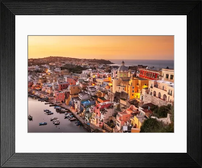 Framed Print : Procida, Italy old town skyline in the Mediterranean in the evening Framed Print : Procida, Italy old town skyline in the Mediterranean in the evening