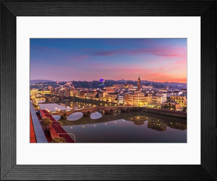 Framed Print : Florence, Italy skyline on the Arno River at dusk Framed Print : Florence, Italy skyline on the Arno River at dusk