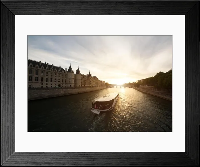 Framed Print : Tourist boat tour on Seine river with beautiful sunset in Paris. Cruise ship sightseeing along river in Paris, France Framed Print : Tourist boat tour on Seine river with beautiful sunset in Paris. Cruise ship sightseeing along river in Paris, France