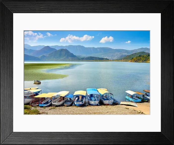 Framed Print : Excursion boats waiting for tourists, Skadar Lake, Montenegro Framed Print : Excursion boats waiting for tourists, Skadar Lake, Montenegro