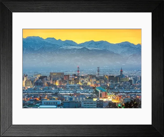 Framed Print : Toyama, Japan downtown city skyline with Tateyama Mountain at dawn Framed Print : Toyama, Japan downtown city skyline with Tateyama Mountain at dawn