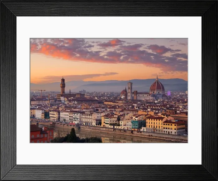 Framed Print : Florence, Italy skyline with landmark buildings at dusk over the Arno River Framed Print : Florence, Italy skyline with landmark buildings at dusk over the Arno River