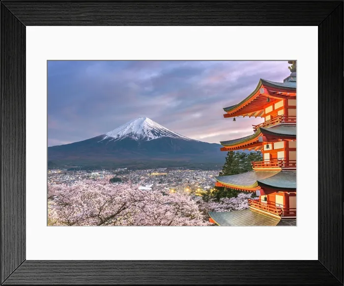 Framed Print : Fujiyoshida, Japan view of Mt. Fuji and pagoda in spring season with cherry blossoms at dusk Framed Print : Fujiyoshida, Japan view of Mt. Fuji and pagoda in spring season with cherry blossoms at dusk