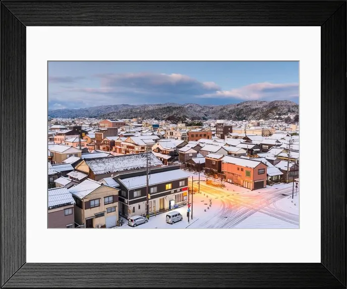 Framed Print : Wajima, Ishikawa, Japan town skyline in winter at twilight Framed Print : Wajima, Ishikawa, Japan town skyline in winter at twilight