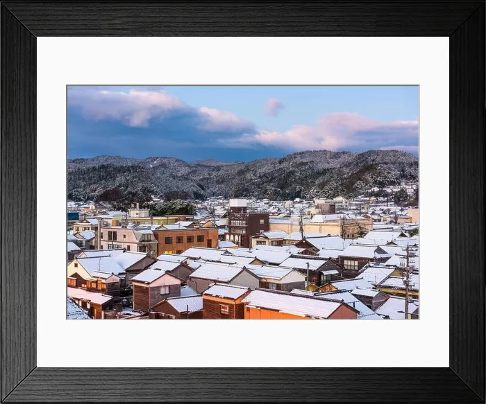 Framed Print : Wajima, Ishikawa, Japan town skyline in winter at twilight Framed Print : Wajima, Ishikawa, Japan town skyline in winter at twilight