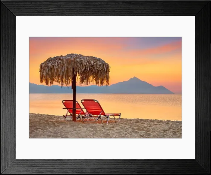 Framed Print : Halkidiki (or Chalkidiki) beach before sunrise, Mount Athos in the background, Greece Framed Print : Halkidiki (or Chalkidiki) beach before sunrise, Mount Athos in the background, Greece