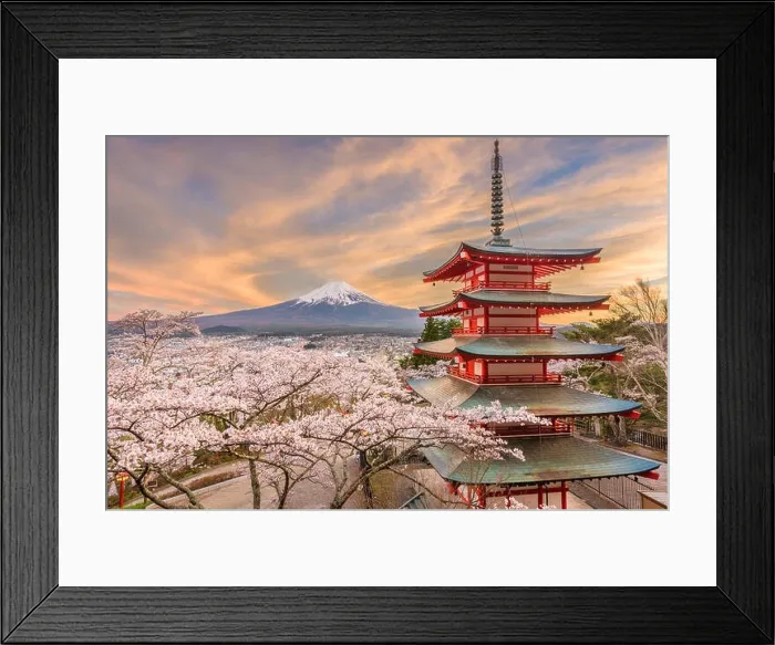 Framed Print : Fujiyoshida, Japan view of Mt. Fuji and pagoda in spring season with cherry blossoms at dusk Framed Print : Fujiyoshida, Japan view of Mt. Fuji and pagoda in spring season with cherry blossoms at dusk