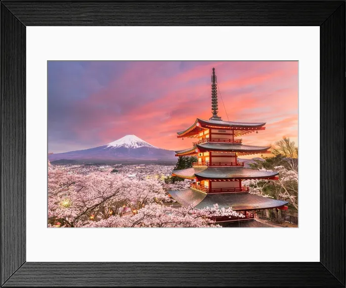 Framed Print : Fujiyoshida, Japan view of Mt. Fuji and pagoda in spring season with cherry blossoms at dusk Framed Print : Fujiyoshida, Japan view of Mt. Fuji and pagoda in spring season with cherry blossoms at dusk