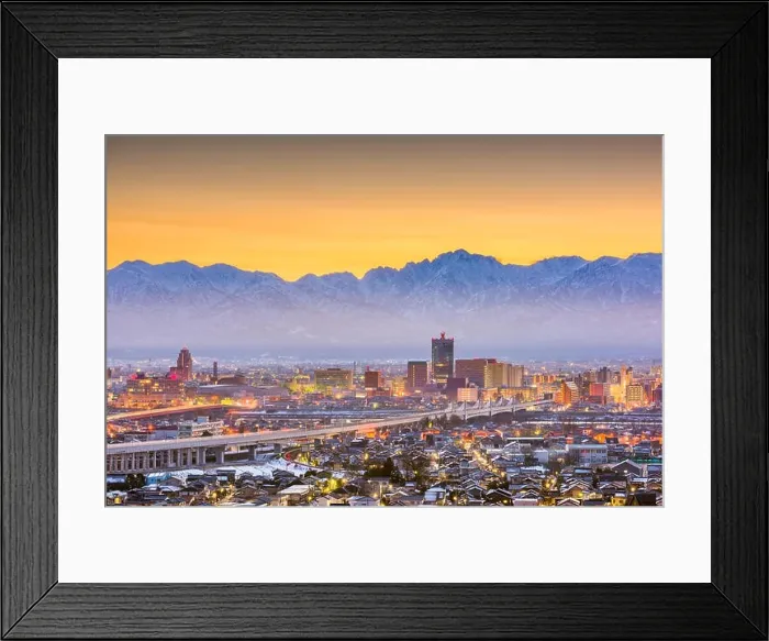 Framed Print : Toyama, Japan downtown city skyline with Tateyama Mountain at dawn Framed Print : Toyama, Japan downtown city skyline with Tateyama Mountain at dawn