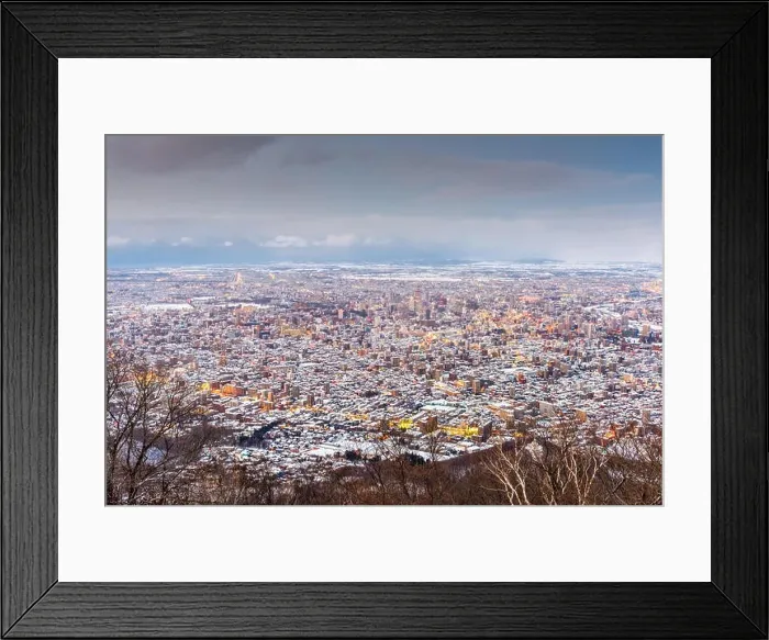 Framed Print : Sapporo, Japan winter skyline view from the mountains at dusk Framed Print : Sapporo, Japan winter skyline view from the mountains at dusk