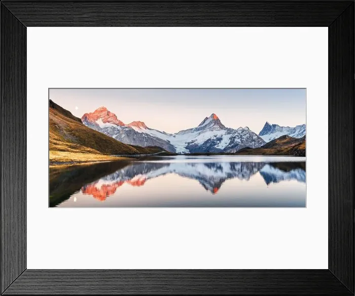 Framed Print : Wide panorama of Bachalpsee lake in Swiss Alps mountains. Snowy peaks of Wetterhorn, Mittelhorn and Rosenhorn on background Framed Print : Wide panorama of Bachalpsee lake in Swiss Alps mountains. Snowy peaks of Wetterhorn, Mittelhorn and Rosenhorn on background