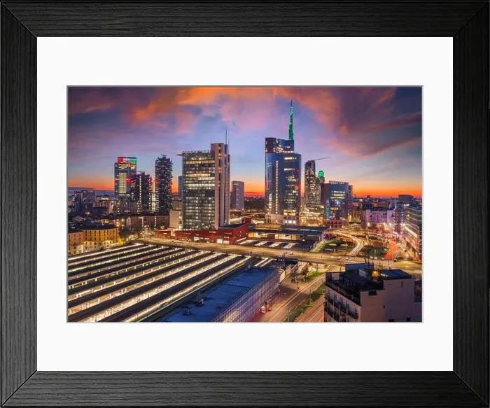 Framed Print : Milan, Italy with modern high rises in Porta Nuova at twilight Framed Print : Milan, Italy with modern high rises in Porta Nuova at twilight