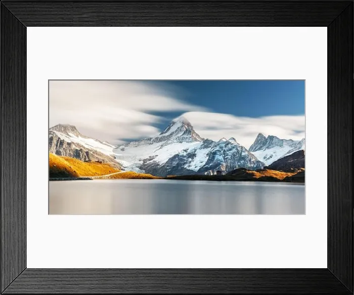 Framed Print : Picturesque view on Bachalpsee lake in Swiss Alps mountains. Snowy peaks of Wetterhorn, Mittelhorn and Rosenhorn on background Framed Print : Picturesque view on Bachalpsee lake in Swiss Alps mountains. Snowy peaks of Wetterhorn, Mittelhorn and Rosenhorn on background