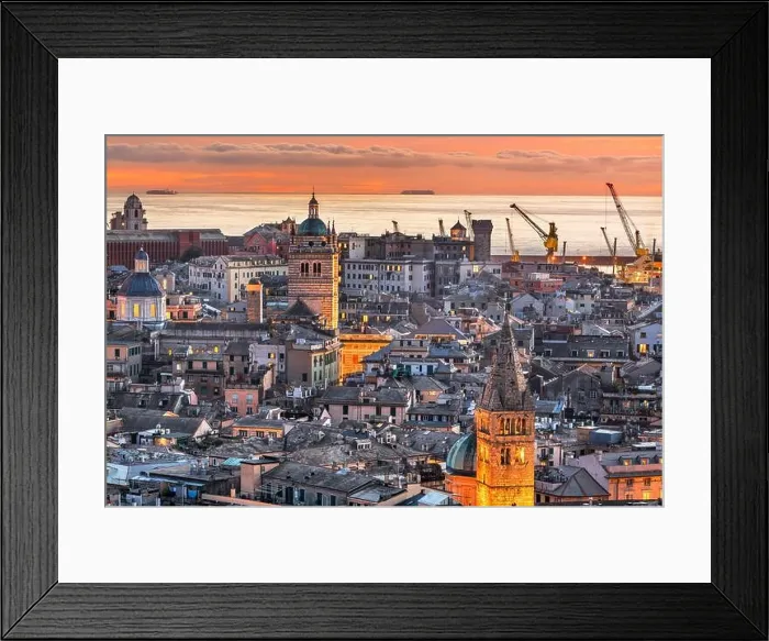 Framed Print : Genova, Italy downtown skyline with historic towers at dusk