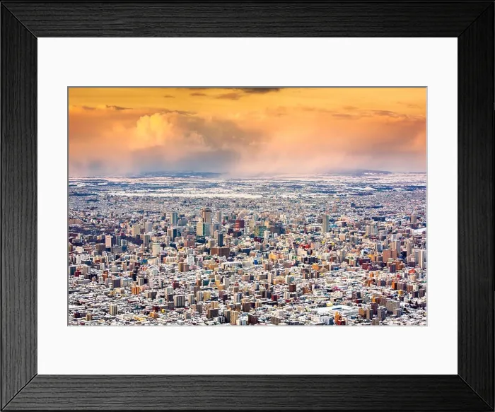 Framed Print : Sapporo, Japan winter skyline view from the mountains at dusk Framed Print : Sapporo, Japan winter skyline view from the mountains at dusk