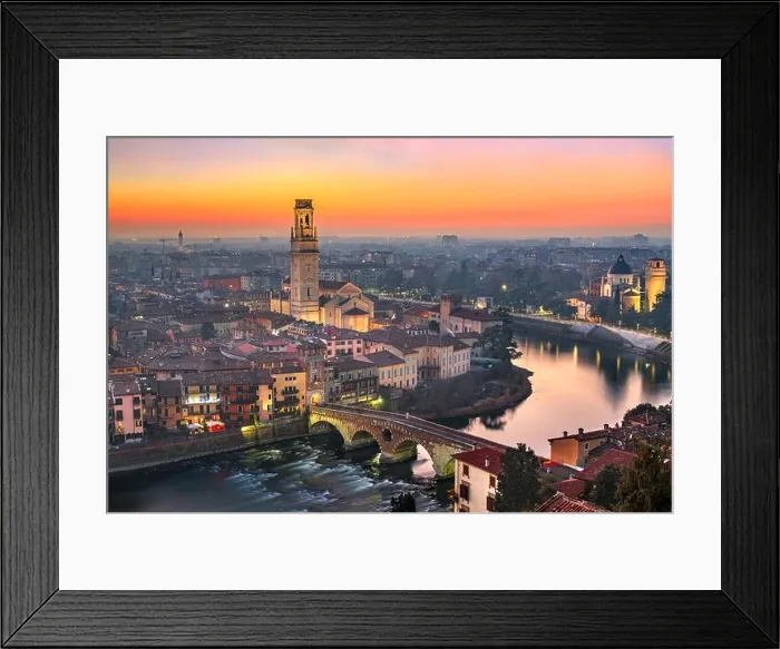 Framed Print : Verona, Italy town skyline on the Adige River at dusk Framed Print : Verona, Italy town skyline on the Adige River at dusk