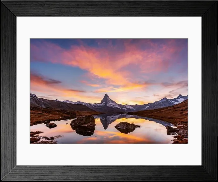 Framed Print : Incredible colorful sunset on Stellisee lake with Matterhorn Cervino peak in Swiss Alps. Zermatt resort location, Switzerland. Landscape photography
