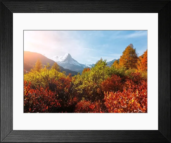 Framed Print : Incredible colorful sunrise on Grindjisee lake with Matterhorn Cervino peak in Swiss Alps. Zermatt resort location, Switzerland. Landscape photography