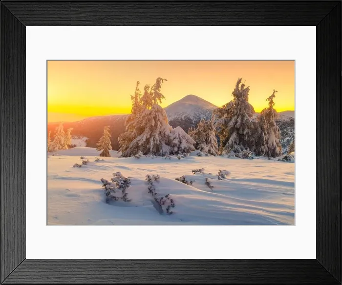Framed Print : Fantastic orange winter landscape in snowy mountains glowing by sunlight. Dramatic wintry scene with snowy trees. Christmas holiday background Framed Print : Fantastic orange winter landscape in snowy mountains glowing by sunlight. Dramatic wintry scene with snowy trees. Christmas holiday background