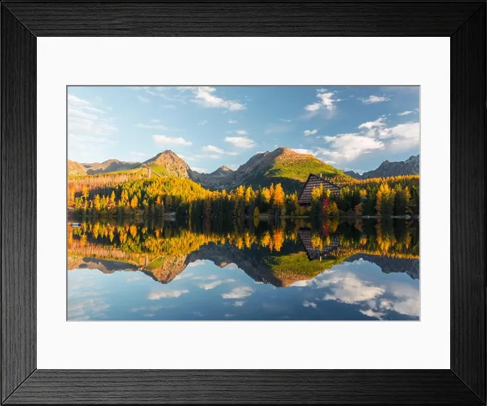 Framed Print : Picturesque autumn view of lake Strbske pleso in High Tatras National Park, Slovakia. Clear water with reflections of orange larch and high mountains Framed Print : Picturesque autumn view of lake Strbske pleso in High Tatras National Park, Slovakia. Clear water with reflections of orange larch and high mountains