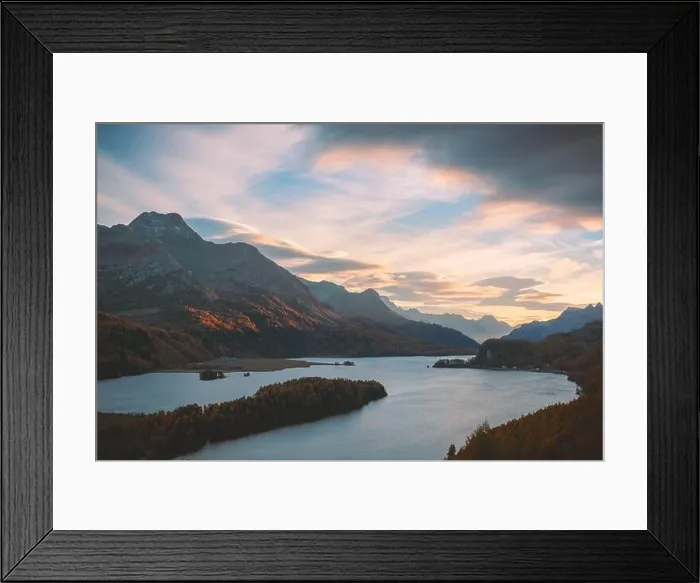 Framed Print : Aerial view on autumn lake Sils (Silsersee) in Swiss Alps mountains. Colorful forest with orange larch. Switzerland, Maloja region, Upper Engadine Framed Print : Aerial view on autumn lake Sils (Silsersee) in Swiss Alps mountains. Colorful forest with orange larch. Switzerland, Maloja region, Upper Engadine