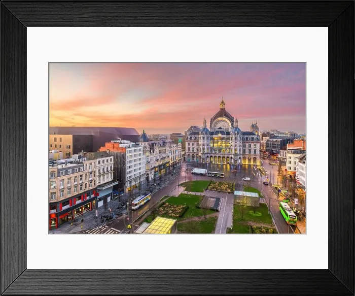 Framed Print : Antwerp, Belgium cityscape at Centraal Railway Station from night till dawn