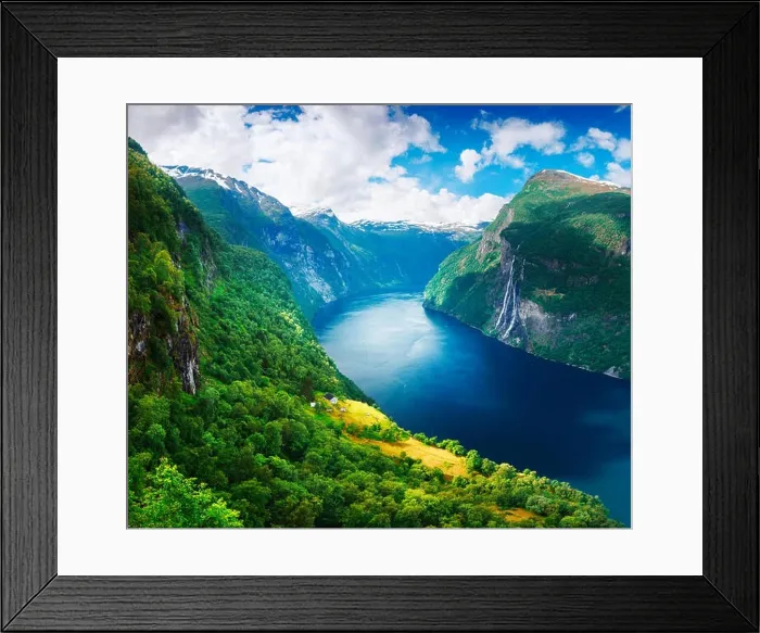 Framed Print : Breathtaking view of Sunnylvsfjorden fjord and famous Seven Sisters waterfalls, near Geiranger village in western Norway Framed Print : Breathtaking view of Sunnylvsfjorden fjord and famous Seven Sisters waterfalls, near Geiranger village in western Norway